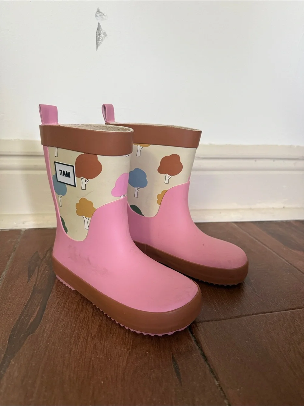Kids' Pink Tree-Print Waterproof Rain Boots with Easy Pull Tabs
